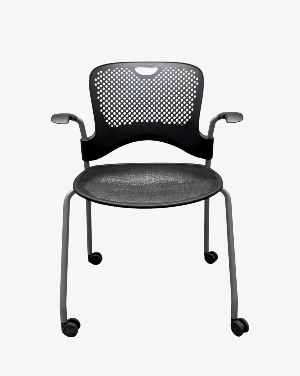 Herman Miller Caper Stacking Chair, Black, Fixed Arms, Castors - thegoodchairs