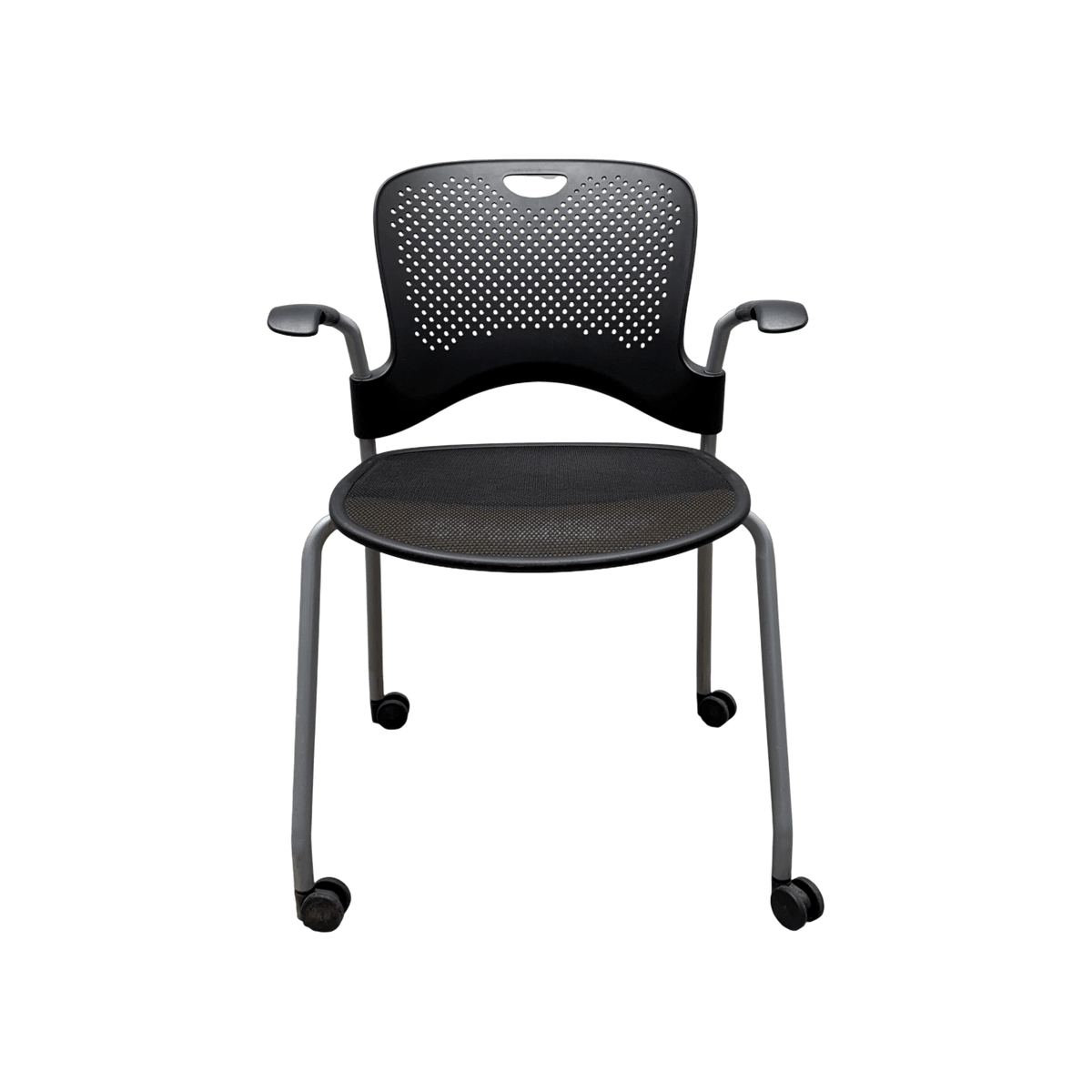 Herman Miller Caper Stacking Chair, Black, Fixed Arms, Castors - thegoodchairs