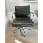 Herman Miller Eames Soft Pad Management Chair, Low Back, Green Leather, Polished Aluminium, / Vitra, 1995 - thegoodchairs