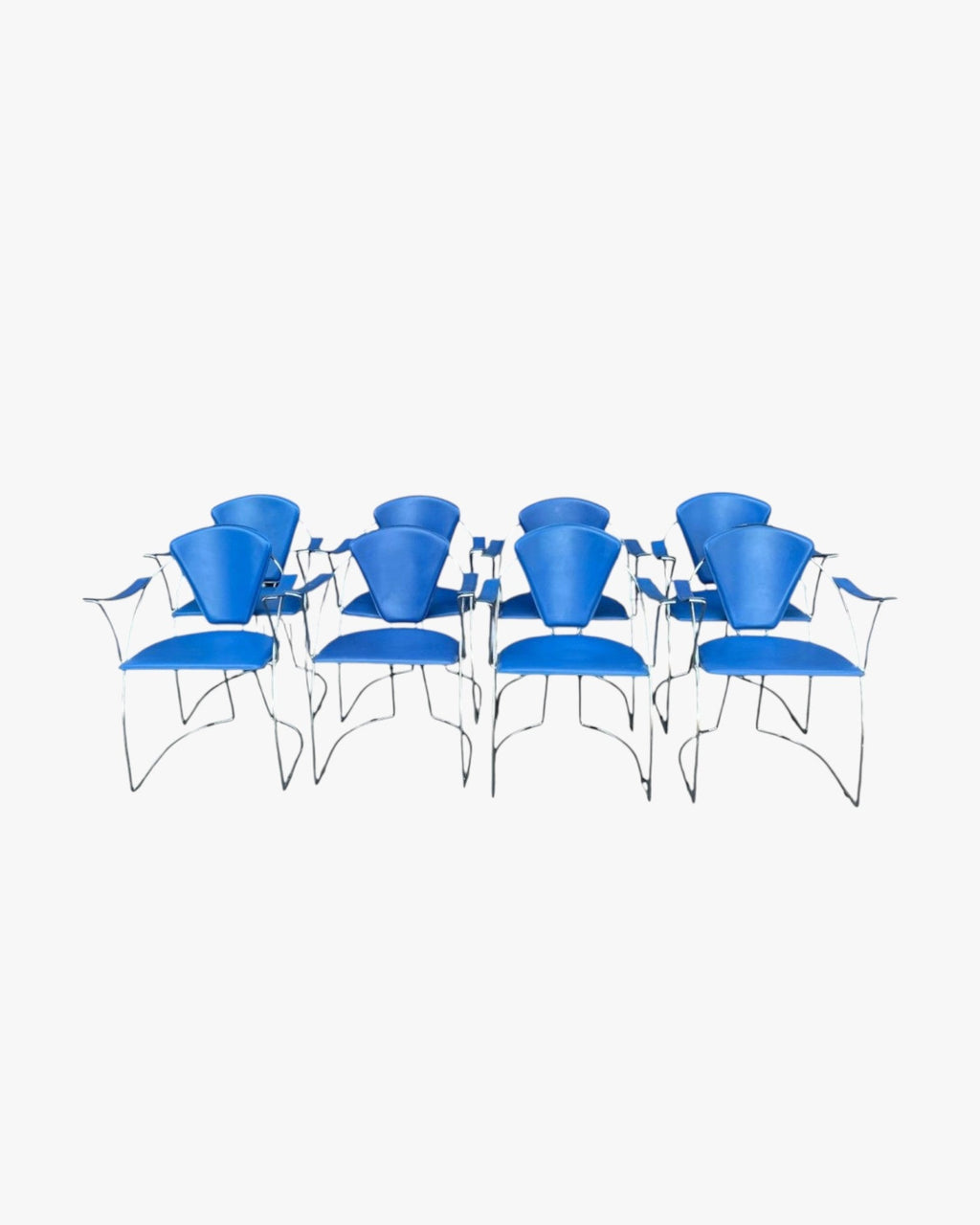 Set of 8 Retro Blue Conference Chairs with Chrome Frames - thegoodchairs